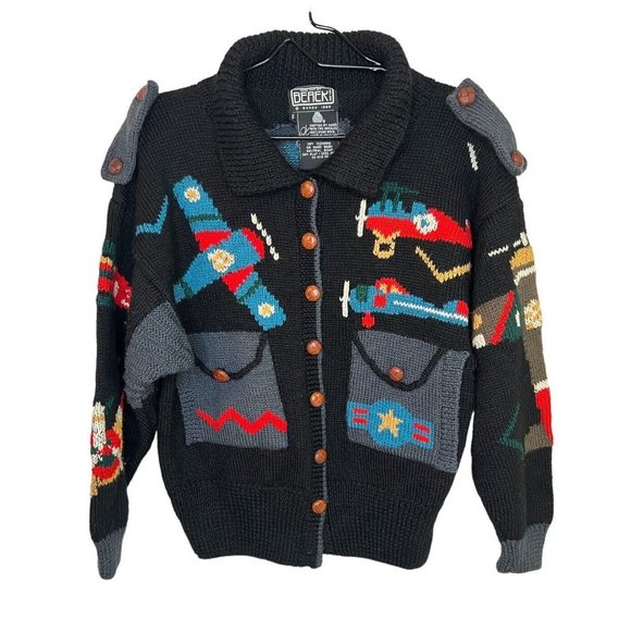 Vtg Berek Sweater Cardigan Small Wool Grandpa Black Airplane Plane Helicopter - Picture 1 of 15